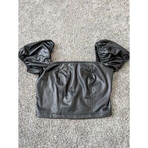 7 For All Mankind Black Faux Leather Puff Sleeve Crop Top XS NWT